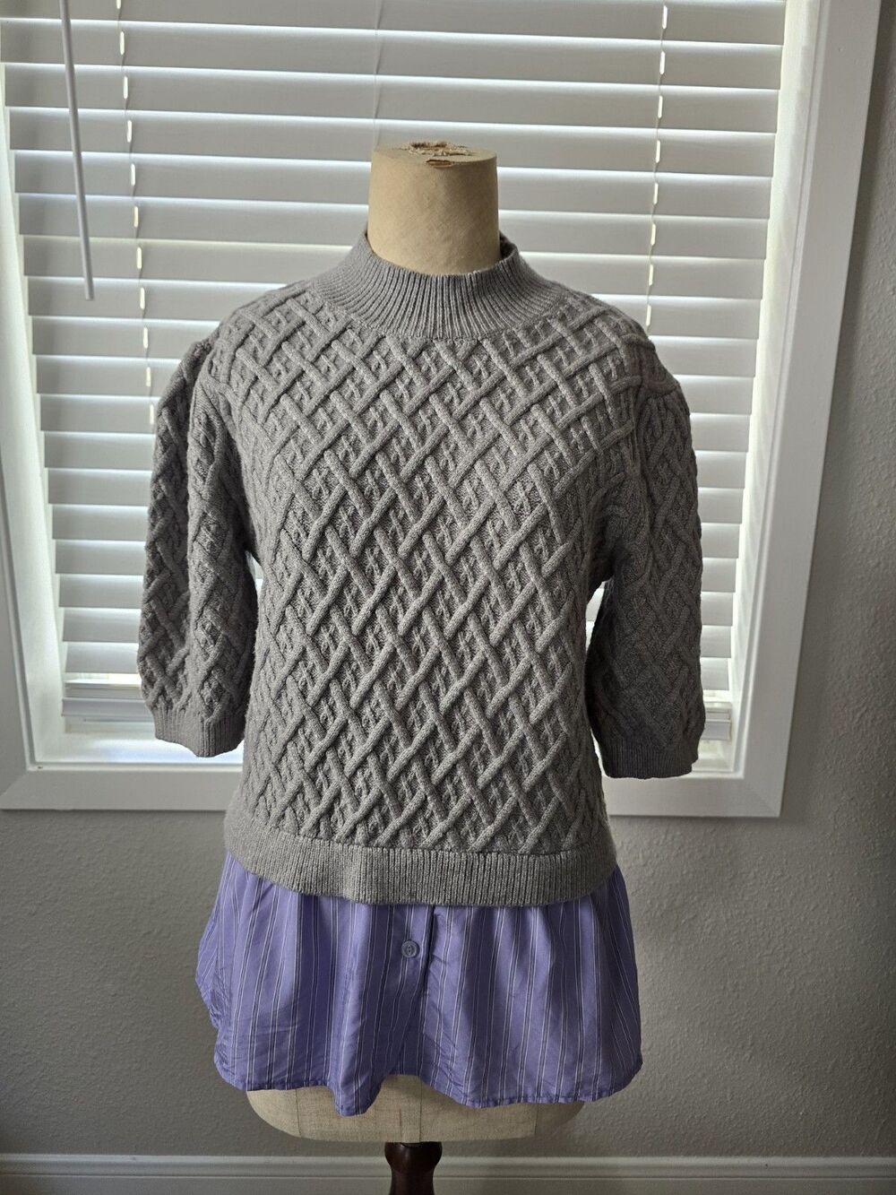 THML Grey Lattice Knit Mixed Media Sweater Purple Striped Hem S Preppy Academia